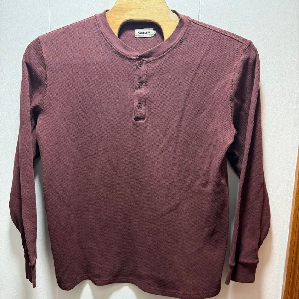 Taylor Stitch Burgundy‎ Waffle Knit Long Sleeve Henley Shirt Men Size 46 (XXL)